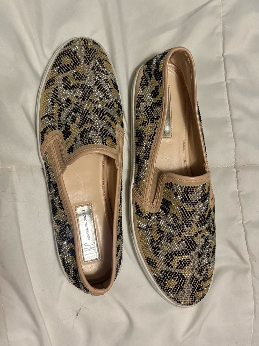 INC International Concepts Leopard Print Sequin Slip-On Flats in Beige and Black